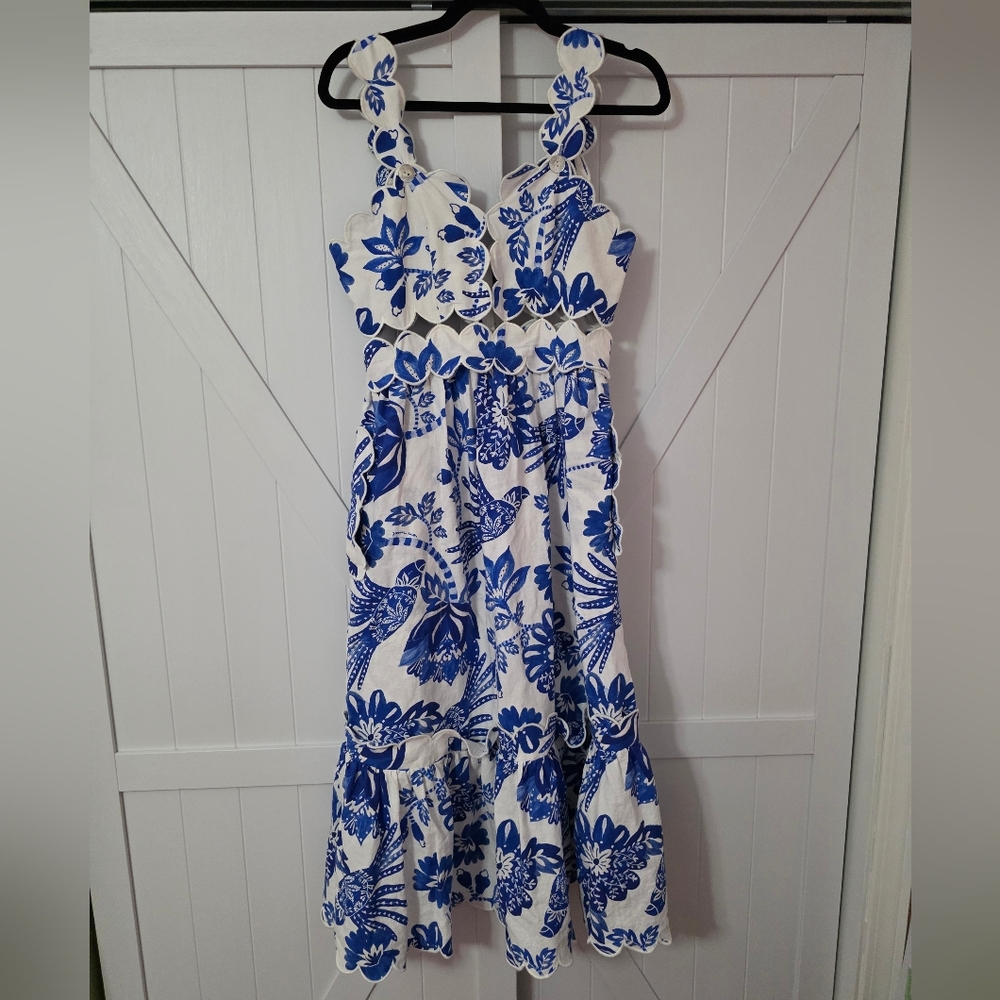 FARM Rio Flowerful Birds White Midi Dress with Blue Floral Print - Picture 4 of 6
